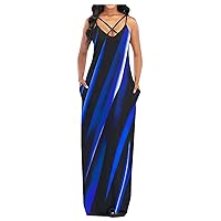 Women's Casual Dress Printing Camisole Maxi Dress Long Dress Baggy Loose Dress Sleeveless with Pocket Summer Sundress Daily Wear Streetwear(16-Blue,2) 0506