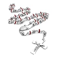 Rosary Necklace for Men Women White Red Rubber Beads Stainless Steel Chain Crucifix Cross Pendant Catholic Prayer Necklaces
