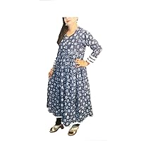 Indian 100% Cotton Indigo Blue Print Long Dress Plus Size Casual Maxi Gown Tunic for Girl's Kurtis