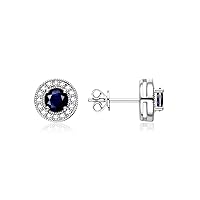 Sterling Silver Halo Stud Earrings - 4MM Round Gemstone & Diamonds - Exquisite Birthstone Jewelry for Women & Girls
