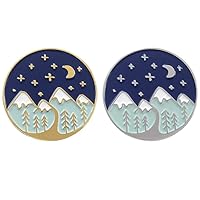 Snow Mountain Moon Stars Hiker Lapel Pin 2 Piece Set Starry Night Nature Adventure Travel Lover Enamel Brooch Pins Badge Gifts