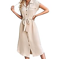Summer Dresses for Women 2023 Flap Detail Button Front Belted Shirt Dress