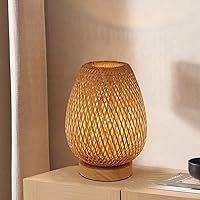 Bedside Table Lamp with Double Layer Bamboo Lampshade Wooden Base Bedroom Lamp Handmade Decorative Night Light Bamboo Woven Table Lamp Accent Decor Lamp