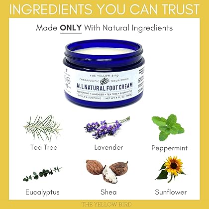 Yellow Bird Natural Foot Cream - For Dry and Cracked Feet Repair. Organic Athlete’s Foot Balm. Salve Moisturizer for Heel Care & Callus Treatment with Tea Tree Oil & Peppermint Essential Oils