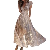 Women's Casual Long Dress Chiffon Swing Dress Floral Ruffled Short Sleeve V-Neck Maxi Dress