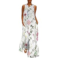 Sundresses for Women Casual Beach Boho Floral Maxi Dress Summer V Neck Sleeveless Flowy Swing Tank Vacation Hawaiian Dresses
