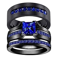 ringheart Couple Rings Black Plated Round cut Blue Cz Womens Wedding Ring Sets Stainless Steel Men Wedding Band