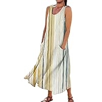 Linen Summer Dresses for Women 2024 Vintage Dress for Women Fashion Print Casual Loose Flowy Beach Dresses Sleeveless U Neck Linen Dress with Pockets Beige XX-Large