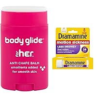 BodyGlide For Her Anti Chafe Balm | Chafing stick with added emollients | Great for dry, sensitive skin and/or sensitive areas & Dramamine Motion Sickness Relief Less Drowsey Formula, 8 Count