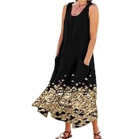 Rvidbe Summer Dresses for Women 2024 Long, Sleeveless Tank Linen Dress Casual Baggy Flowy O Neck Maxi Dresses with Pockets