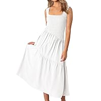 Women's Short Sundresses Ruched Dresses for Women Solid Color Patchwork Fashion Elegant Loose Fit with Sleeveless U Neck Dress White X-Large