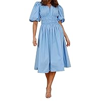 Women's Summer Dresses Casual Women's V Neck Waistband Short High Waisted Bubble Sleeved Dress(2-Light Blue,Large)