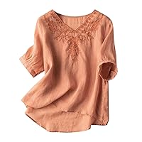 Tops for Women Trendy Casual V-Neck Short Sleeve Linen T-Shirt Casual Loose Fashion Blouses Plus Size Pullover Top