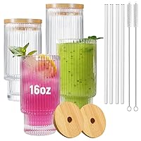 Ribbed Glassware Set of 4, 16oz Origami Style Drinking Glass Cup with Lid and Straw, Iced Coffee, Cocktail, Beer, Juice Stackable Drinking Glasses, Perfect for indoor and outdoor use