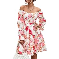 Shoulder Elasticity Dress for Women Autumn Elegant Party Flower Floral Print Dresses Slim Long Sleeve