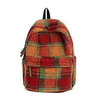 Fashionable Women's Japanese Style Backpack Travel Rucksack School Book Bag with Multiple Pockets, Orange Checkered