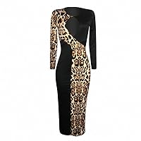 Sexy Women Leopard Printed Dress Long Sleeve Hollow Out Patchwork Sexy Dress Evening Dress Hollow Skinny Hip Dress for Lady