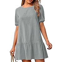 EFOFEI Women's Solid Color Cotton Linen Dresses Short Sleeve Casual Loose Dress Summer Round Neck Short Dress