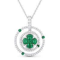 18K White Gold Oval Shape .58ct Emerald & .43ct White Diamond Pendant Necklace