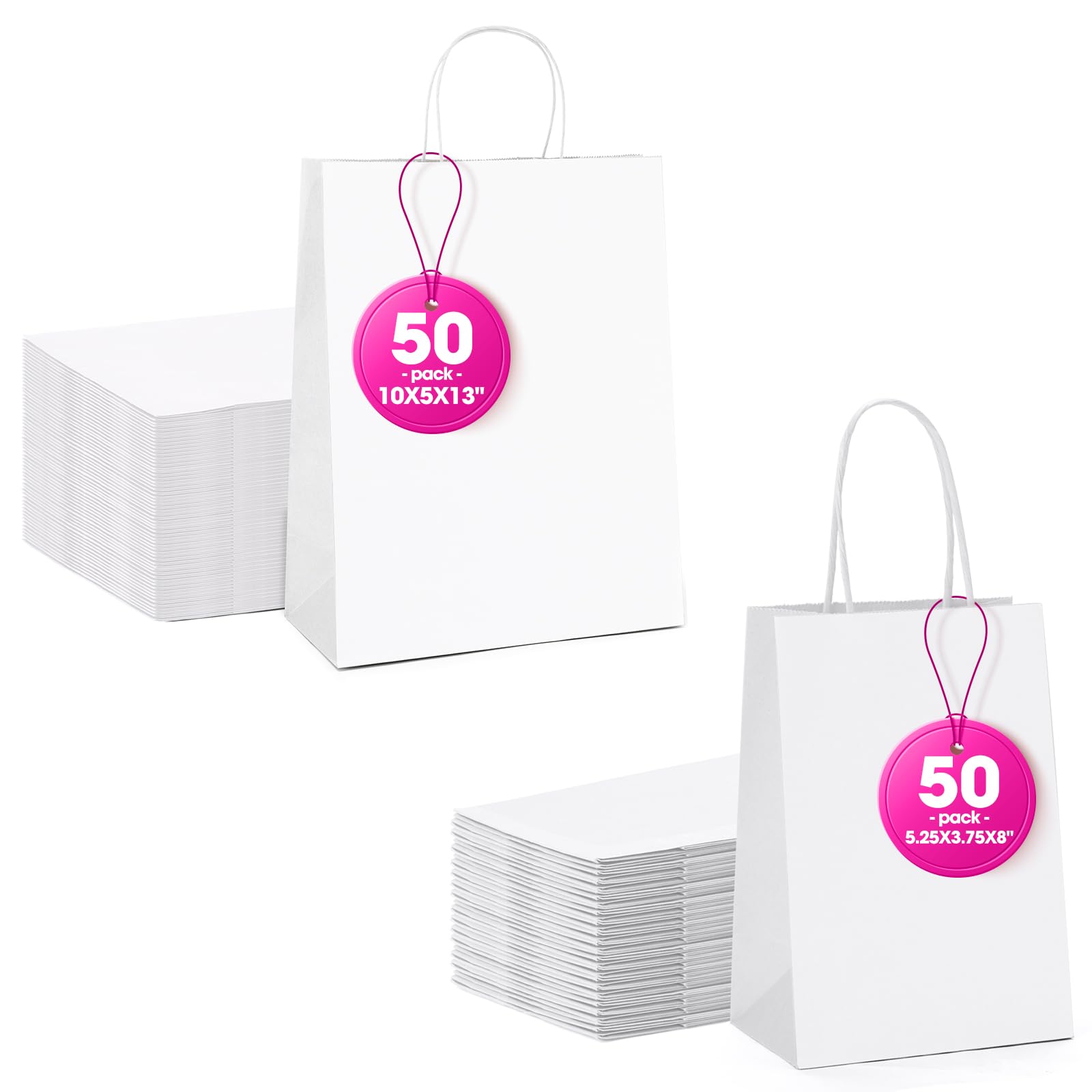 MESHA White Gift Bags 5.25x3.75x8 Inches 50Pcs & 10x5x13 Inches 50Pcs Paper Bags with Handles Small Shopping Bags,Wedding Party Favor Bags