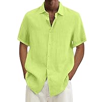 Mens Cotton Linen Dress Shirts Casual Stylish Short Sleeve Button Down Spread Collar Beach Shirt Vacation Island Shirt