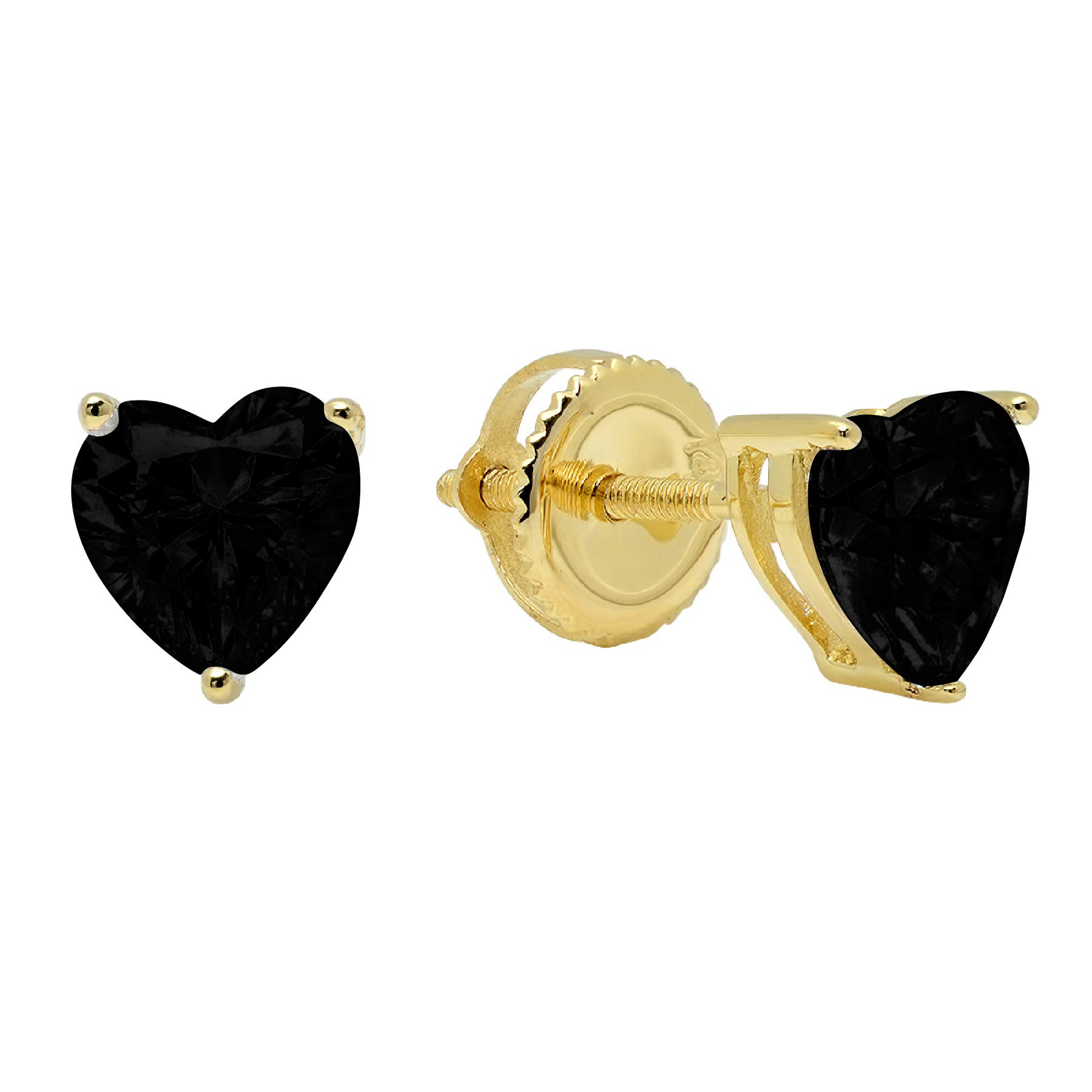 Clara Pucci 1.1 ct Brilliant Heart Cut Solitaire VVS1 Fine Natural Black Onyx Gemstone Pair of Stud Earrings Solid 18K Yellow Gold Screw Back