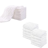 Yoofoss 10 Pack Muslin Burp Cloths for Baby 20''X10'' White & 10 Pack Muslin Baby Washcloths 12x12in (White)