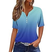 Women's T-Shirts Dressy Button Down Tunic Y2K Tops Short Sleeve Gradient Blouses Henley V Neck Summer Cute Clothes