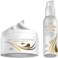 Vitamins Keratin Thick Hair Leave-In Conditioner and Hair Serum Kit - No Rinse Moisturizing Cream and Anti Frizz Gloss Boost for Dry Damaged Curly Wavy and Straight Thick Hair - Pro Salon Hair Care