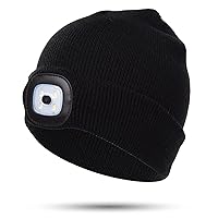 KOCOME Kids LED Lighted Beanie Hat, USB Rechargeable 4 LED Head Lamp Waterproof Winter Warmer Knit Night Hats for Boys Girls Black