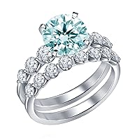 Bridal Rings Sets For Women Blue White Color 3.01 Ct VVS1 Moissanite Round Cut Matching Silver Plated Ring