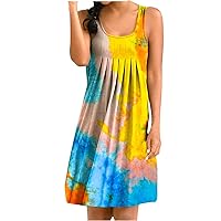Women's Bohemian Print Flowy Sleeveless Knee Length Beach Round Neck Glamorous Dress Casual Loose-Fitting Summer Swing