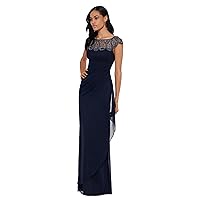 Xscape Women's Short Sleeve Beaded Illusion Neckline Ruched Gown
