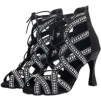 Womens Latin Dancing Ankle Boots Ballroom Pumps Tango Cha Cha Jazz Heels Lace Up Customized Heel Peep Toe Zip Salsa Rhinestones Shoes