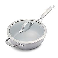 GreenPan Venice Pro Tri-Ply Stainless Steel Healthy Ceramic Nonstick 3QT Chef Saute Pan with Helper Handle and Lid, PFAS-Free, Multi Clad, Induction, Dishwasher Safe, Oven Safe, Silver