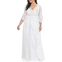Women's Plus Size Boho Maxi Floral Lace Bohemian Wedding Dress V Neck Flowy Long Party Dresses
