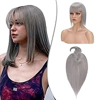 Hairro Human Hair Toppers For Women Remy Silk Base Clip On Topper Hairpiece Clip In Toupee Wiglet With Air Bangs For Thinning Hair Loss 14 Inch 44g #Grey