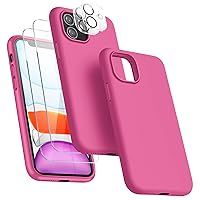 [5 in 1 for iPhone 11 Case 6.1 inch, with 2 Pack Screen Protector + 2 Pack Camera Lens Protector, Liquid Silicone Slim Shockproof Protective Phone Case [Microfiber Lining]… (Hot Pink)