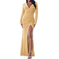Fivsole Long Sleeve Prom Dress with Slit Sequin Long Sparkly Long Sleeve Formal Dress Evening Party Gowns