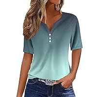 Women's Fashion Casual Gradient Color Printed V-Neck Short Sleeve Button Down T-Shirt Top,Shirts for Women