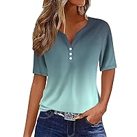 Going Out Tops for Women Henley V Neck Button Dressy Blouse Short Sleeve Sparkling Stripe Gradient Shirts