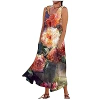 Summer Dresses for Women 2024 Summer Plus Size Black Printed Flower Girl Maxi Beach Sundresses Linen Dress for Women