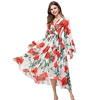 Spring Floral Print Chiffon Bohemian Dress Women Long Sleeve Bandage Waist Midi Beach Vacation Dresses