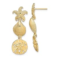 14k Gold Starfish Shell and Sand Dollar Long Drop Dangle Earrings Measures 34.6x11.6mm Wide Jewelry Gifts for Women