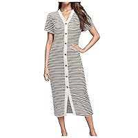 Summer Dresses for Women 2024,Women Casual Summer Dresses Short Sleeve Striped Midi Dresses Decorative Button