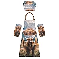 Highland Cow 3 Pcs Kids Apron Toddler Chef Painting Baking Gardening (with Pockets) Adjustable Artist Apron for Boys Girls-S
