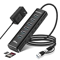 Powered USB Hub, Rosonway 8-Port USB 3.2/USB C Hub with 6 USB 3.2 Ports 10Gbps, SD/TF Card Readers, 3.3ft Long Cable and 12V/2A Power Adapter, Aluminum USB Port Expander for Laptop and PC, RSH-A107D