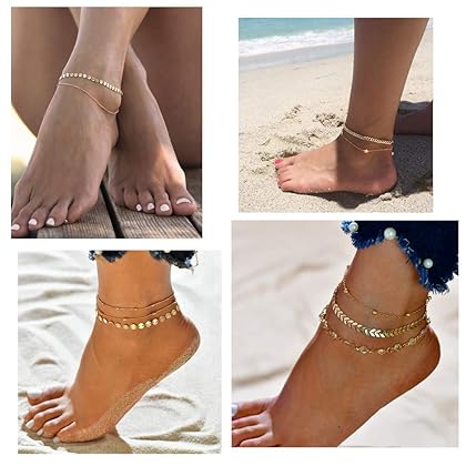 Softones 12Pcs Ankle Bracelets for Women Girls Gold Silver Two Style Chain Beach Anklet Bracelet Jewelry Anklet Set,Adjustable Size
