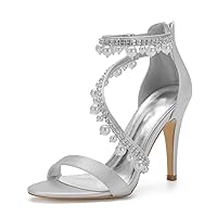 Women's High Heel Sandals Open Toe Ankle Strap Satin Crystal Wedding Shoes for Bride Formal Prom Party Dress Shoes Pump Sandals