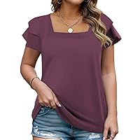ROSRISS Womens Summer Plus Size Tops Square Neck Ruffle Short Sleeve Loose Fit Tunics XL-5XL